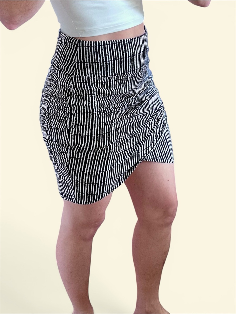 Athleta Black and White Striped Ruched Wrap-Style Mini Skirt